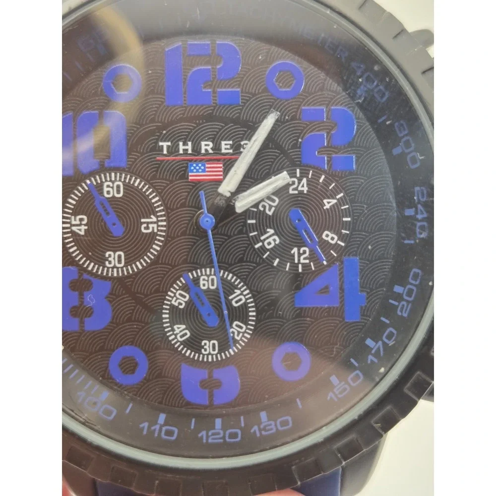 Accutime THRE3 Mens Sport Watch Black/Blue Dial Tachymeter Quartz Blue Silicone